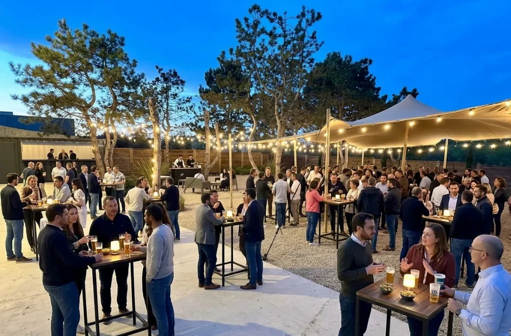 Afterwork d'entreprise dans le jardin du Recept', sous la tente nomade et les guirlandes