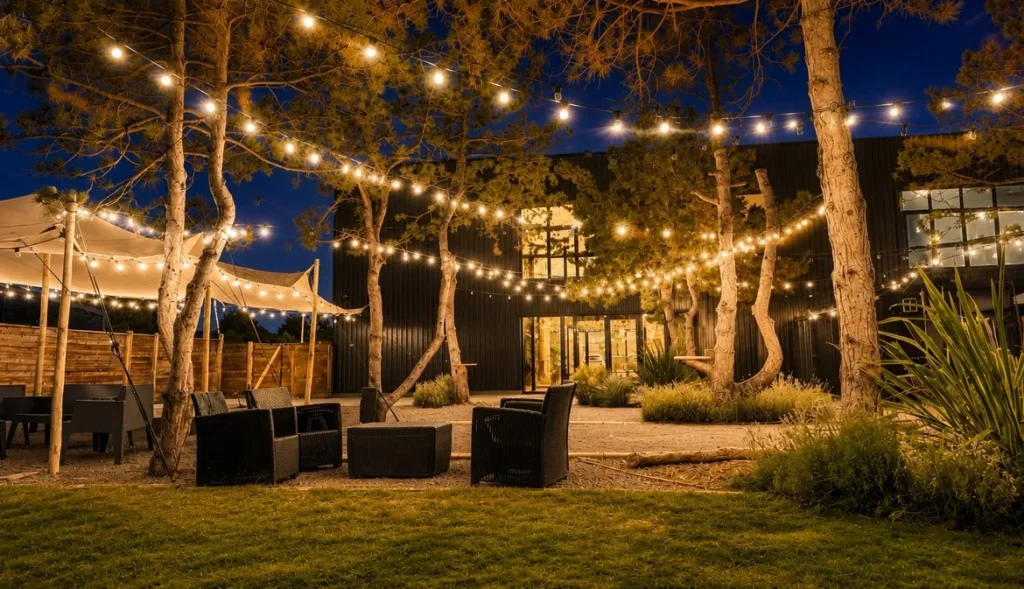 Jardin illuminé du Recept' pour un mariage à Vaulx-Milieu